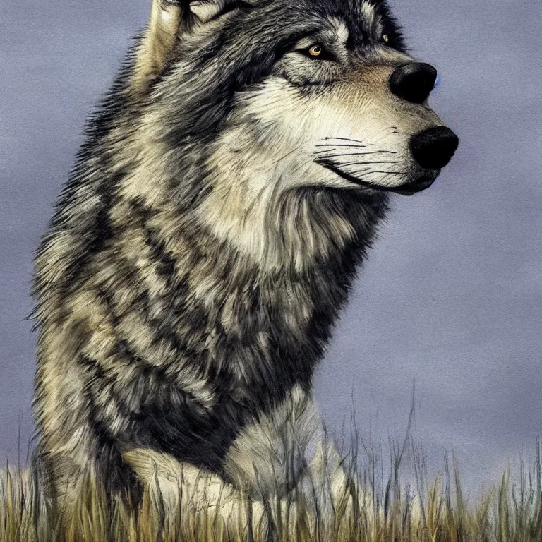 Image similar to Majestic wolf on the heath, portrait. Rough brushstrokes. Beautiful scene. Muted natural colour scheme. Beautiful artistic painting by Lurid (2022)