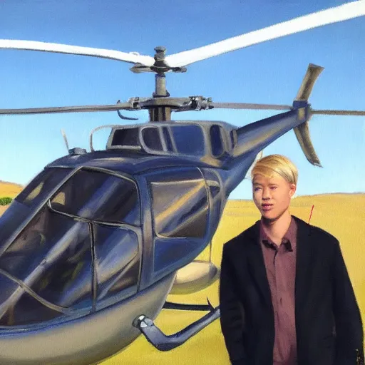 Image similar to painting of blonde swedish guy and tall korean guy in front or robinson helicopter