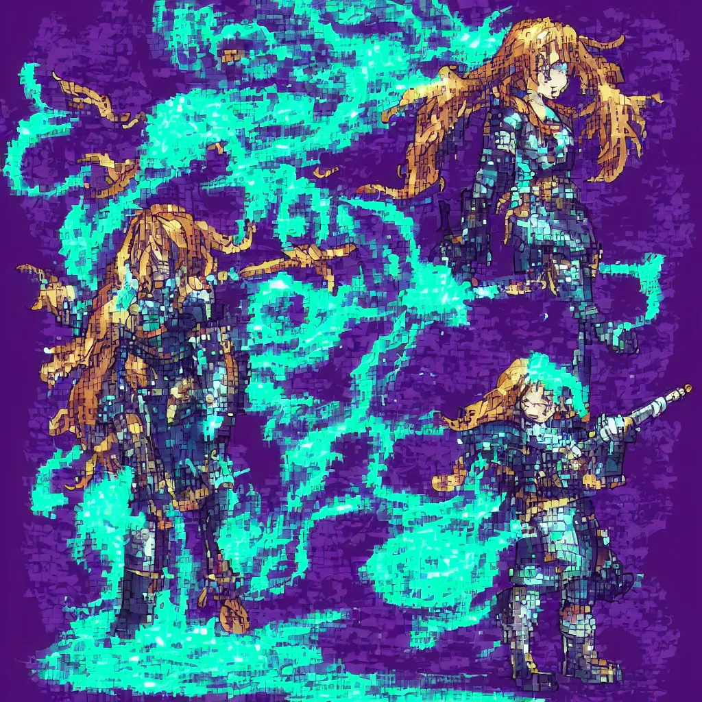 Prompt: rpg mage with long hair wearing glitch - art pixellated armor, cel shaded graphics, character sheet