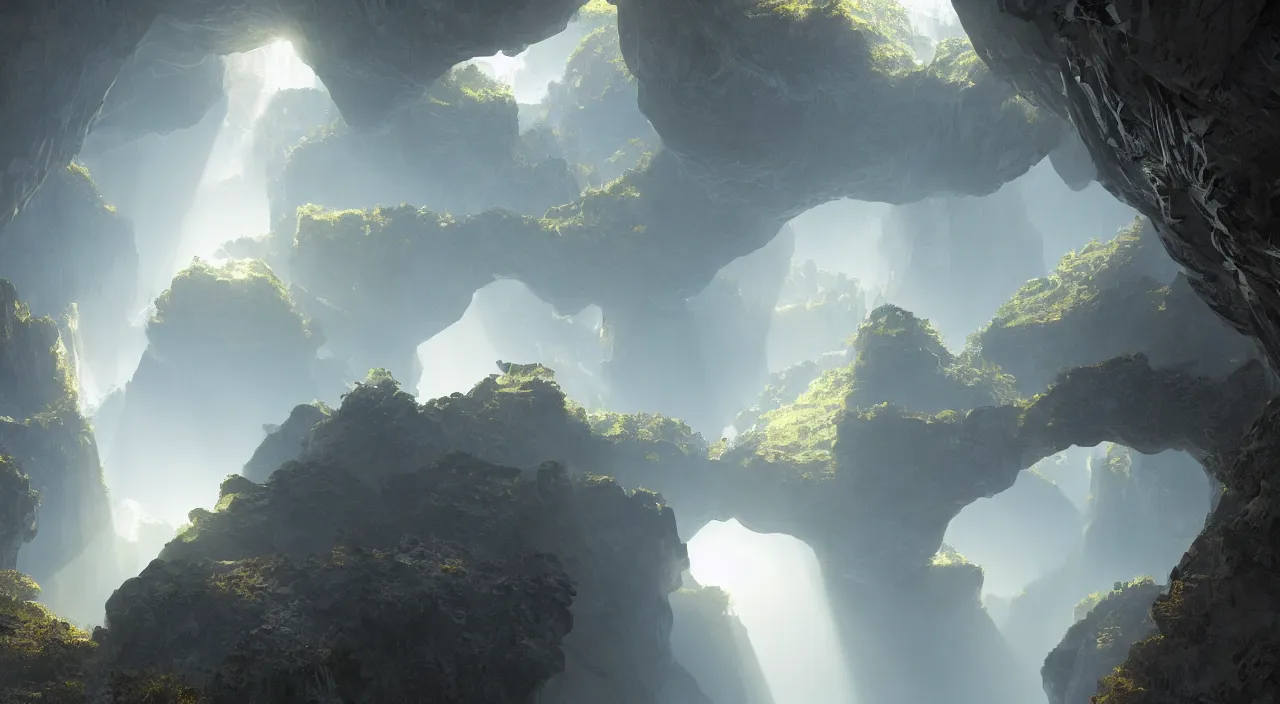 Image similar to biological crystallographic lattice bridging megastructure, in a canyon by glenn small, by albert bierstadt, photorealistic, zaha hadid, god rays, volumetric lighting, detailed, extremely intricate, raytrace, octane, light fog, neon