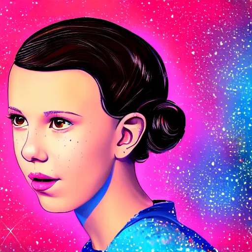 Image similar to Digital Art of Millie Bobby Brown made of galaxies