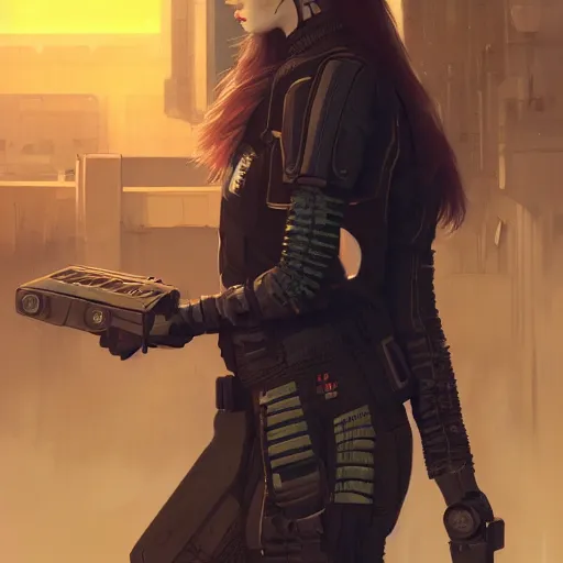 Image similar to sophie turner, streetwear techwear cyberpunk style outfit, parial mask, detailed portrait, intricate complexity, by greg rutkowski, cushart krentz, artgerm, ross tran, conrad roset, takato yomamoto, ilya kuvshinov. 4 k, beautiful, cinematic dramatic atmosphere, portrait lighting