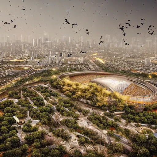 Prompt: Bird's Nest stadium, Beijing, post-apocalyptic, trees, plains, meteor falling, distant view, late evening, digital artwork