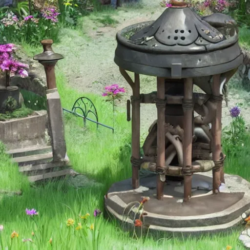 Prompt: E-girl talks to a magical well, in the backyard of an overgrown suburb, beautiful detail, unreal engine, concept art