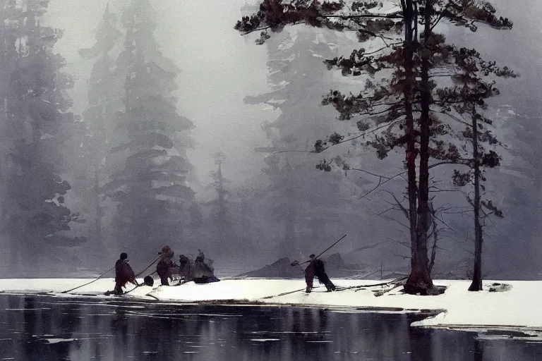 Prompt: watercolor painting of crystal clear ice lake, reflective, crisp winter, fog and snowing, ambient lighting, art by anders zorn and winslow homer, wonderful masterpiece by greg rutkowski, cinematic light, american romanticism by greg manchess, creation by tyler edlin