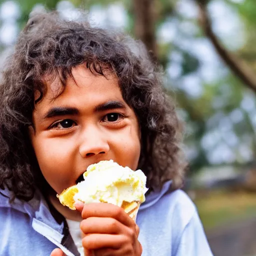 Image similar to photo of a neanderthal eating ice cream for the first time