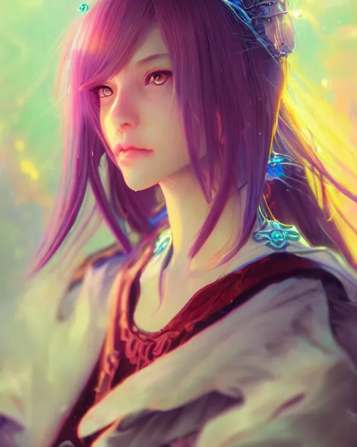 Image similar to portrait of cute girl, beautiful, fantasy, colorful, cinematic lighting, artstation, trending, highly detailed, focus, smooth, by hirohiko araki and yoshitaka amano