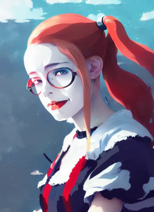 Image similar to portrait of harley quinn, cloudy sky background lush landscape illustration concept art anime key visual trending pixiv fanbox by wlop and greg rutkowski and makoto shinkai and studio ghibli