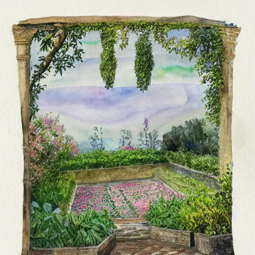 Prompt: delicate garden on paper, floating robes, puffy, vines, botanical herbarium, botanic watercolors, coastline, iridescent, 8 k wide angle, realistic shaded, fine details, artstation, italian, rainbow, colonnade, oak, pinecone, gardena architecture, pompeii, naples, sicilian, boundary wall