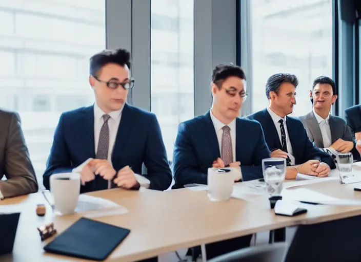 Image similar to photo of cats in suits attending a management board meeting. Highly detailed 8k. Intricate. Sony a7r iv 55mm. Stock photo.