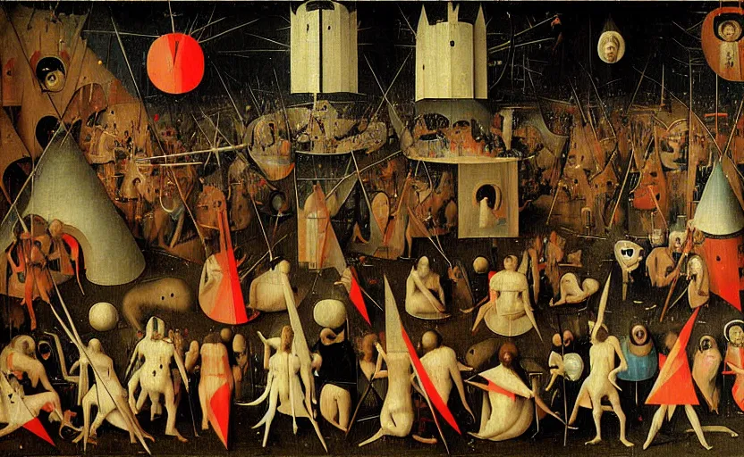 Image similar to geometric painting of an edm rave party by hieronymus bosch