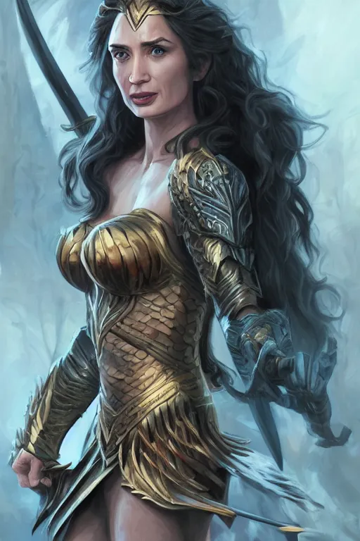 Image similar to A fantasy comic book style portrait painting of, hybrid of Gal Gadot, Emily Blunt, as an Atlantean, Reptilian Warrior, Mystical Valkyrie, Armor, Sword, Archer Bow, Spear, Sheild, François Boucher, Oil Painting, unreal 5, DAZ, hyperrealistic, octane render, Regal, Refined, Coherent, Detailed Digital Art, RPG portrait, William-Adolphe Bouguereau, Michael Cheval, Walt Disney (1937), Steampunk, dynamic lighting, Highly Detailed, Cinematic Lighting, Unreal Engine, 8k, HD