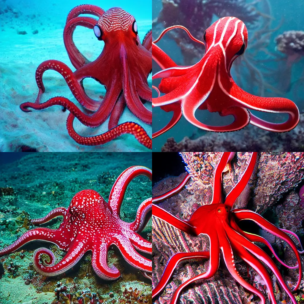 Image similar to wildlife photography, red striped octopus, deep sea, award winning photo