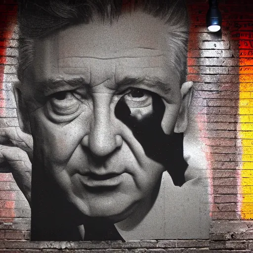 Prompt: Emotional pictures of David Lynch sprayed on New York street brick walls in the style of WEEGEE , 8k, photorealistic imagery, trending on artstation, artstationHQ, artstationHD