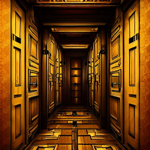 Prompt: a room with 1 0 0 doors with latches, concept art, trending on artstation, highly detailed, intricate, sharp focus, digital art, 8 k