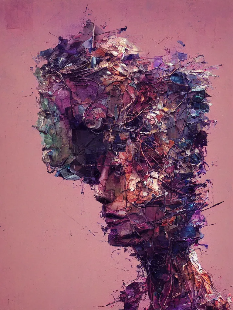 Image similar to a beautiful glitched painting by robert proch of a glitched anatomy study of the human nervous system, color bleeding, pixel sorting, copper oxide material, brushstrokes by jeremy mann, studio lighting, pastel purple background, square glitches