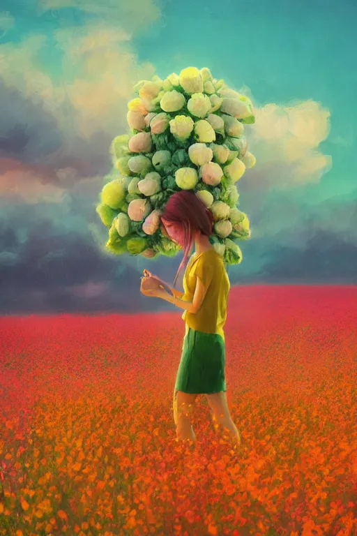 Image similar to giant flower head, girl walking in a flower field, surreal photography, sunrise, dramatic light, impressionist painting, colorful clouds, digital painting, artstation, simon stalenhag