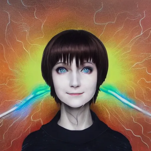 Image similar to beautiful pure evil adult lain with hundreds of network cables, neatly coming out of her head, a part of her face panel is showing, she is in pure bliss, chaos, bizarre, strange, portrait, painting