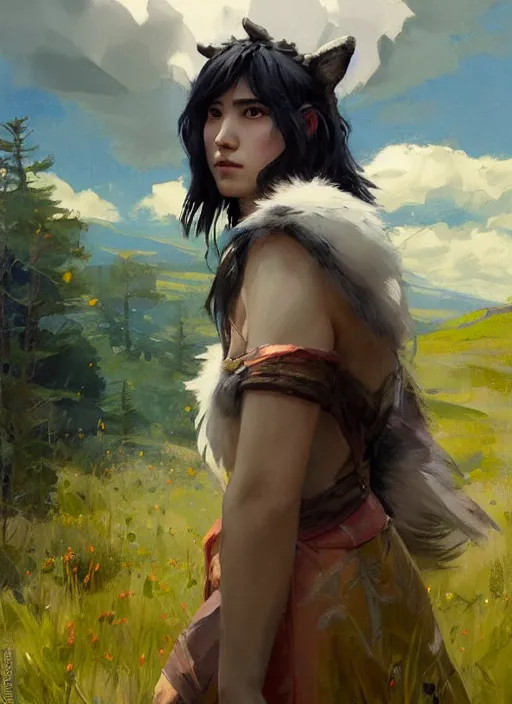 Image similar to portrait of Princess Mononoke, countryside near forest, calm, fantasy character portrait, dynamic pose, above view, sunny day, thunder clouds in the sky, artwork by Jeremy Lipkin and Giuseppe Dangelico Pino and Michael Garmash and Rob Rey, very coherent asymmetrical artwork, sharp edges, perfect face, simple form, 100mm