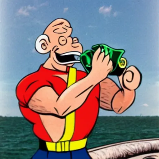 Prompt: a real life popeye the sailor crashing a can of spinach