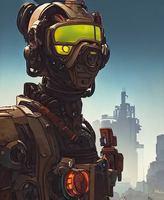 Image similar to cyberpunk pathfinder robot from apex legends character portrait, portrait by james gurney and laurie greasley, concept art, cinematic composition, dramatic lighting, highly detailed, vintage sci - fi