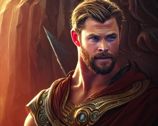 Prompt: photography of chris hemsworth, deep focus, d & d, fantasy, intricate, elegant, highly detailed, digital painting, artstation, concept art, matte, sharp focus, illustration, hearthstone, art by artgerm and greg rutkowski and alphonse mucha