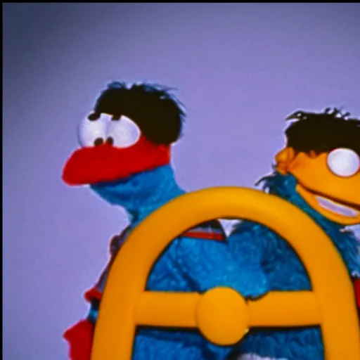 Prompt: 90's horror film about Bert and Ernie from sesame street, photorealistic, highly detailed