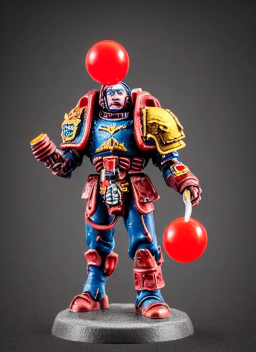 Image similar to 8 0 mm resin detailed miniature of a warhammer 4 0 k space marine holding a red balloon in one hand and a hamburger in the other, product introduction photos, 4 k, full body,