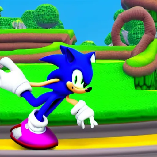 Prompt: Sonic but he’s a purple pangolin racing through green hill zone