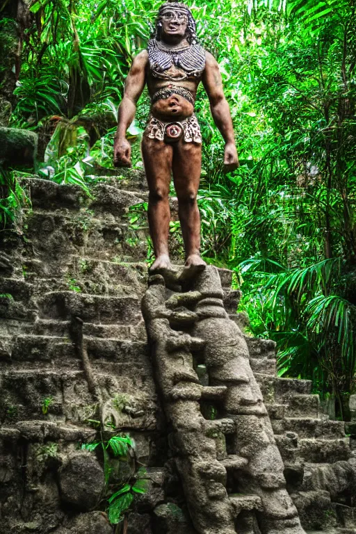 Image similar to mid distance photo of mayan jaguar warrior standing on the diving board in las pozas, 3 5 mm, highly detailed, color photo, cinematic lighting