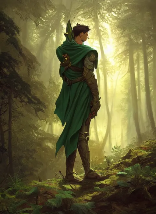 Image similar to elf man wearing dark green with a shield on his back standing at a forest looking for adventure in the mountains, tall trees, landscape is lush, moody sunset in background, greg rutkowski, alphonse mucha, trending on artstation, artgerm, unreal engine, breathtaking, award winning, highly detailed