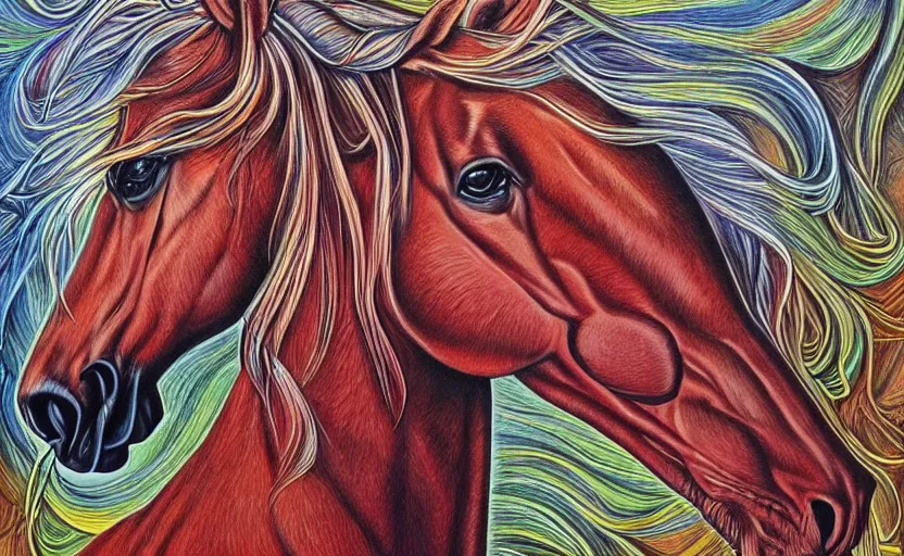 Prompt: a Photorealistic dramatic hyperrealistic horse by Alex Grey