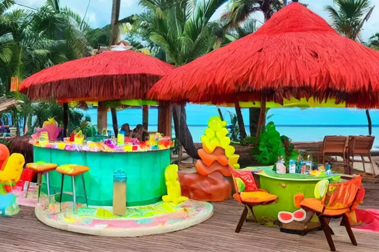 Prompt: poolside Tiki bar made of gummy candy