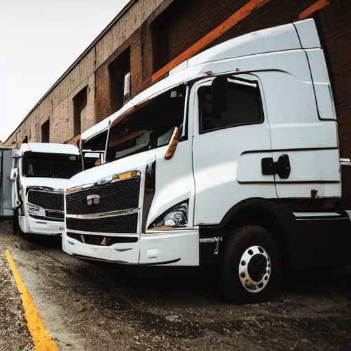 Prompt: two trucks having a tender kiss in a back alley