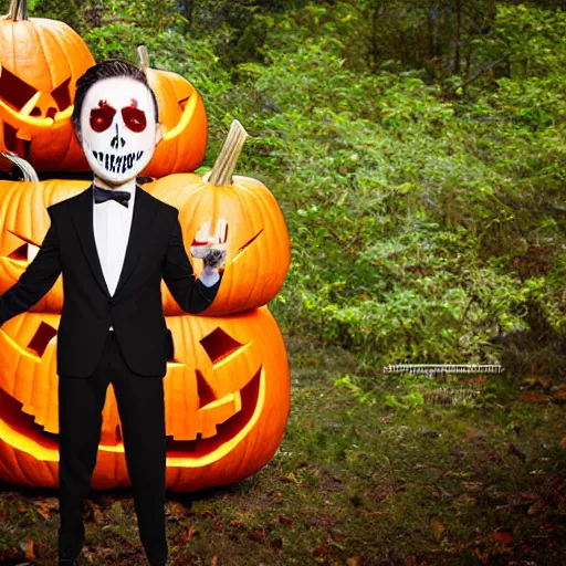 Prompt: man in strict suit with pumpkin mask, Halloween pumpkin, forest background, on plain, bloody knife in right hand, some blood on body, full body, extremely detailed, sharp focus, professional photographer, professional model