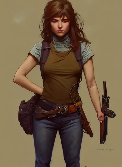 Image similar to portrait of a full body of beautiful young female detective, d & d, sleeveless turtleneck, fantasy, flat lighting, intricate, highly detailed, digital painting, artstation, concept art, smooth, sharp focus, illustration, art by simon bisley and greg rutkowski and alphonse mucha, natural tpose