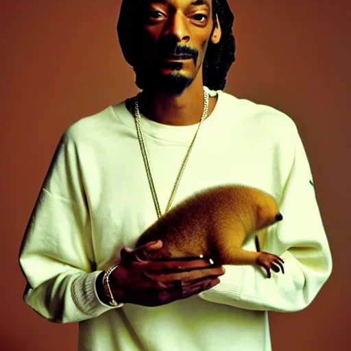 Image similar to Snoop Dogg holding a Capybara for a 1990s sitcom tv show, Studio Photograph, portrait, C 12.0