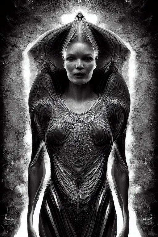 Image similar to a realistic dark photo of a beautiful ancient alien woman goddess with six hands kate moss standing in iris van herpen dress jewelery and fractals in style of alphonse mucha art nuvo dmt trending on artstation made in unreal engine 4