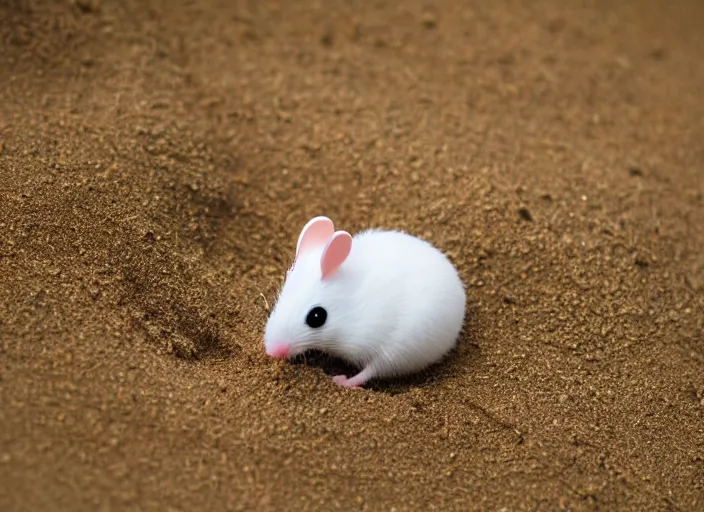 Prompt: dslr photo still of a cute little white mouse peaking out of a sand castle on wet sand in a bright sunny day, 8 k, 8 5 mm f 1. 4