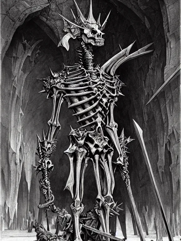 Prompt: A spiked centaur skeleton with armored joints stands in a large cavernous throne room with sword in hand. Massive shoulderplates. Extremely high detail, realistic, fantasy art, solo, masterpiece, bones, ripped flesh, saturated colors, art by Zdzisław Beksiński, Arthur Rackham, Dariusz Zawadzki
