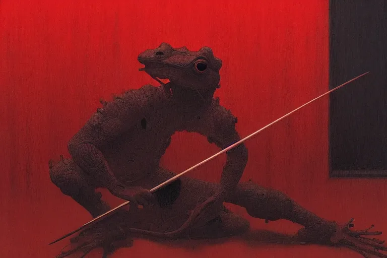 Image similar to only with red, a red samurai do seppuku, tokio, a lot of frogs watch, in the style of beksinski, parts by edward hopper, parts by rodcenko, parts by yue minjun, intricate and epic composition, red by caravaggio, insanely quality, highly detailed, masterpiece, red light, artstation, 4 k