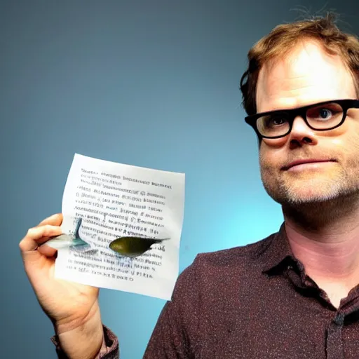 Image similar to proud rainn wilson holding a tiny piece of paper and a fish above his head by rubins