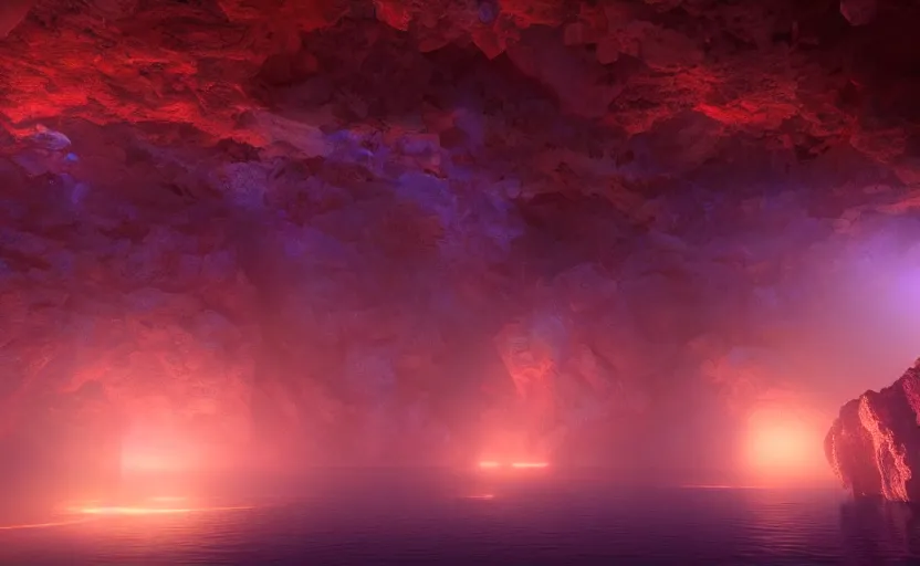 Image similar to a beautiful and stunning digital render of a humongous opal cave, dimly glowing crystals, haze, waterfall, volumetric lighting, photorealistic, red sky, sunset, unreal engine 5, ultra detail, trending on artstation