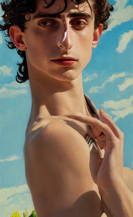 Image similar to Timothee Chalamet, the most beautiful androgynous man in the world, intense painting, sunny day at beach, tropical island, +++ super supper supper dynamic pose,  digital art, +++ quality j.c. leyendecker, limited edition, shiny, veiny hands, thick eyebrows, masculine appeal high fashion