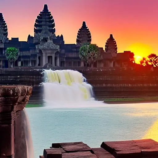 Image similar to angkor wat with water falls, sunset magic hour backlit photography