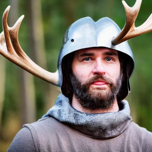 Image similar to a head and shoulders action portrait photo of a knight in an antlered helmet