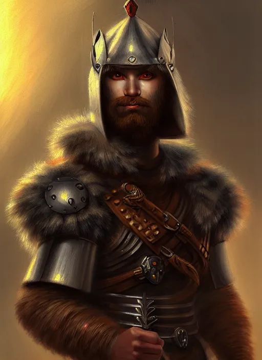 Prompt: a portrait of meoguard human male warrior!!, fantasy, dungeons and dragons, an ultrafine detailed painting, detailed painting, boris valejo.