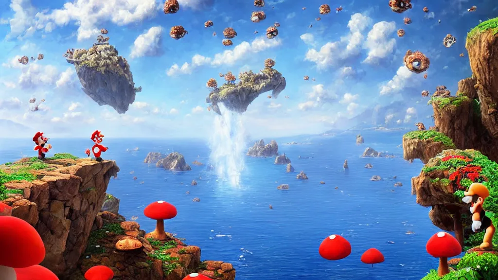 Image similar to Mario from Super Mario Brothers standing on the edge of a rocky cliff looking towards towering red and white spotted mushrooms growing out of the oceans, birds flying away from the mushrooms, mind-bending geometry, sapphire waters below, 4k, trending on Artstation, award-winning, dramatic painting, art by Greg Rutkowski, Igor Morski