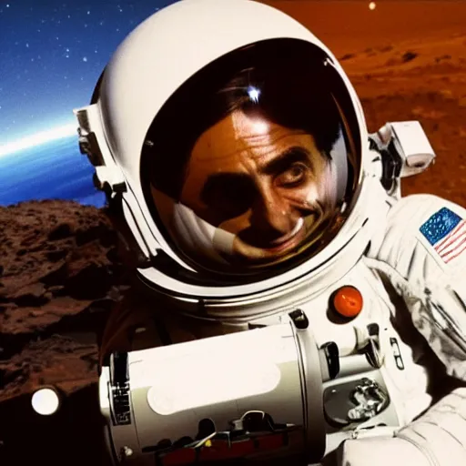 Image similar to extremely detailed photo of carl sagan looking through visor of spacesuit, mars rover in background, detailed face