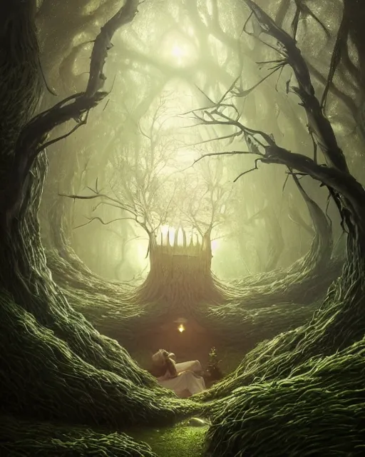 Image similar to highly detailed surreal vfx portrait of a cursed crown in a shadowy forest by a willow tree, stephen bliss, unreal engine, greg rutkowski, loish, rhads, beeple, makoto shinkai and lois van baarle, ilya kuvshinov, rossdraws, tom bagshaw, alphonse mucha, global illumination, detailed and intricate environment